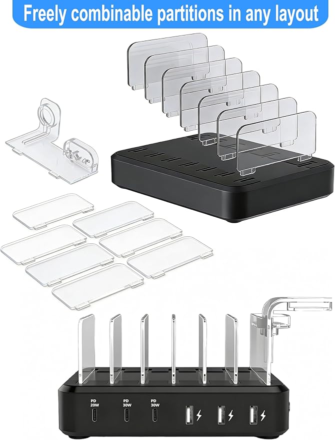 Charging Station for Multiple Devices, 110W 6 Port USB-C Fast Charger Station Dock for iPad iPhone Android Cell Phone Tablet, Family Multi-Device Organizer (6 Short Cables Included)
