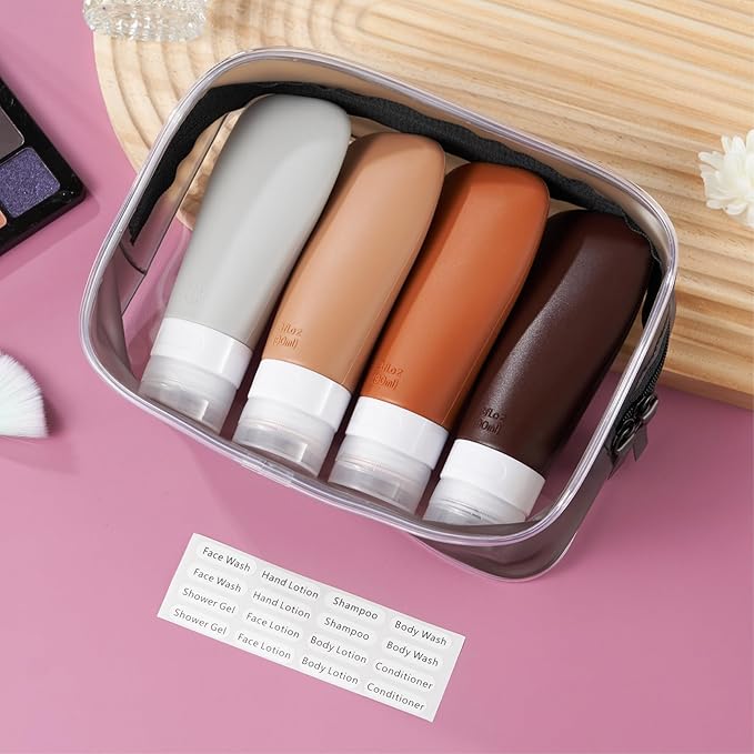 INSFIT Travel Bottles for Toiletries, TSA Approved 3oz Travel Size Containers, BPA Free Leak Proof Squeezable Silicone Tubes for Shampoo Conditioner Lotion Body Wash with Labels