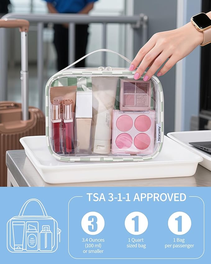 Narwey TSA Approved Toiletry Bag Carry on Clear Toiletry Bag Makeup Bag, Airport Airline Quart Size Travel Bags, Waterproof Portable Compact Cosmetic Make up Organizer Bag (Mint Green Checkerboard)