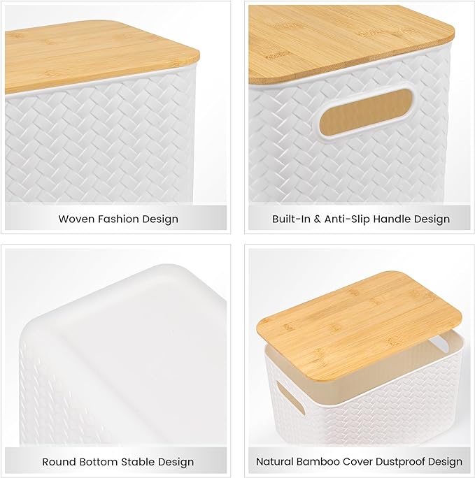 Ohmlove 4 Packs Storage Bins with Bamboo Lids - Plastic Storage Containers with Lids Stackable Storage Box：Storages Baskets for Organizing Desktop Closet Playroom Classroom Office,White