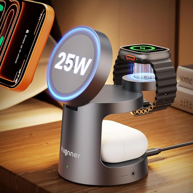 Qi2.2 25W 3 in 1 Charging Station for Apple Compatible with MagSafe Foldable Wireless Charger, Magnetic Charger with Night Light for iPhone 17/16/15/14/13/12, Apple Watch & AirPods(45W Adapter)