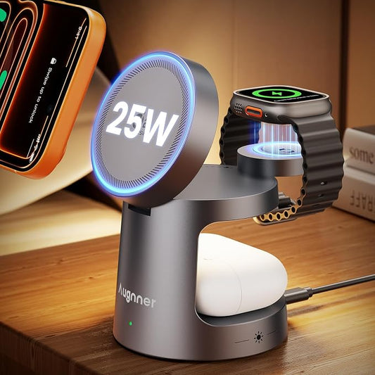 Qi2.2 25W 3 in 1 Charging Station for Apple Compatible with MagSafe Foldable Wireless Charger, Magnetic Charger with Night Light for iPhone 17/16/15/14/13/12, Apple Watch & AirPods(45W Adapter)