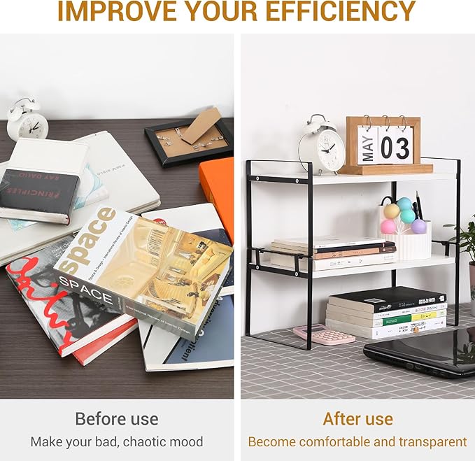 Desk Shelf Organizer for Top of Desk, Detachable 2 Tier Desktop Bookshelf, Wooden Desk Shelves Storage Rack, Small Desktop Shelf for Office Home Dorm, Tabletop Desk Organizer Stand (White+Black)