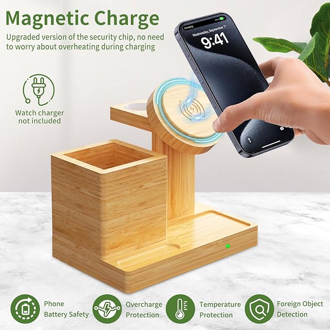 Wireless Charger Stand with Magnet- 4 in 1 Wireless Charging Station with Pen Holder, Bamboo Fast Charging Stand Compatible with iPhone 16/15/14/13/12 Pro/AirPods/Apple Watch, Presents for Men Women