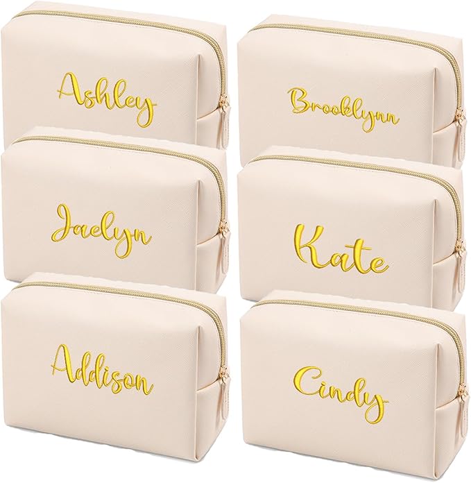 GOPHIE Embroidered Large Make up Bag,Personalized Skincare Bag,Cosmetic Travel Bags for Women Gift For Wedding,Set of 6, Beige