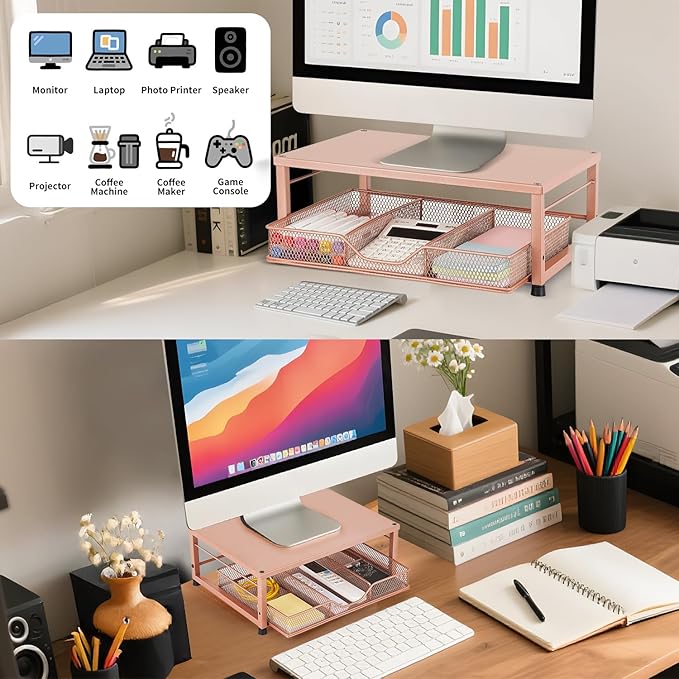 Small Laptop Stand for Desk, Monitor Stand Riser, Office Desk Accessories, Computer Desktop Stand with Drawer for Home, Office, School (Bronze)