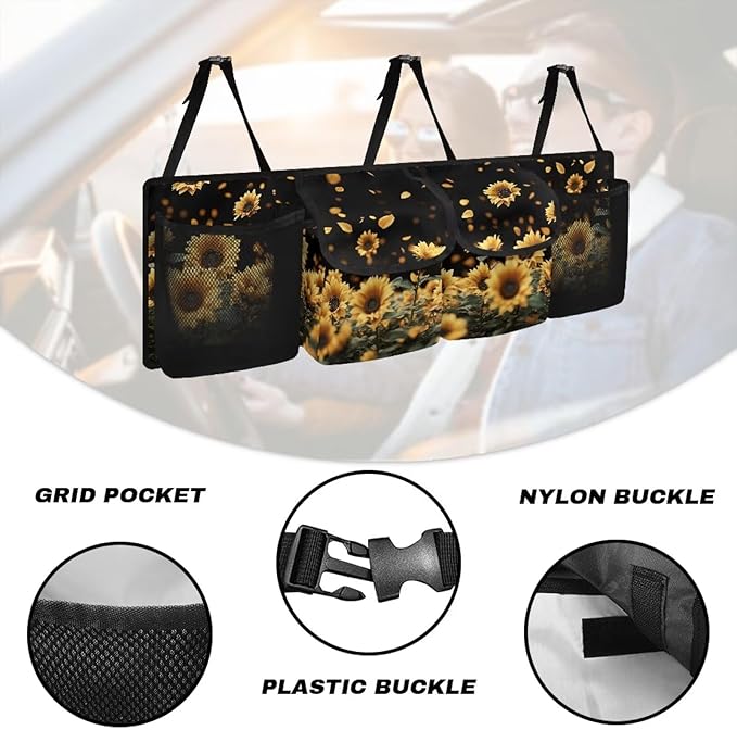 Sunflower Design Car Trunk Organizer,Collapsible Large Capacity Auto Backseat Hanging Storage Bag with Adjustable Strap & 4 Pockets Not Easy to Fade