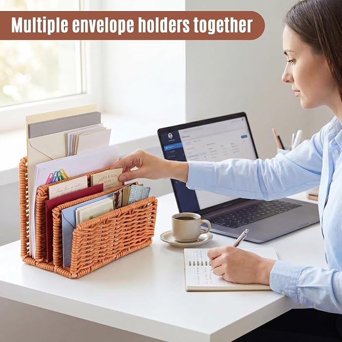 Rattan Mail Organizer for Desk Mail Holder Countertop with 3 Slot Rattan Letter Sorter File Holder Envelope Book Stand Office Desk Organizer and Storage Accessories