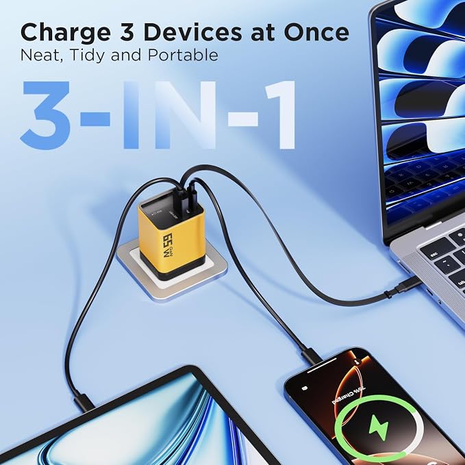 65W GaN USB C Charger with Retractable Charging Cable, 3-Port Power Adapter | Fast travel charger for MacBook, iPhone 17 16 15, Samsung Galaxy S24, iPad, multi port compact wall charging block,Yellow