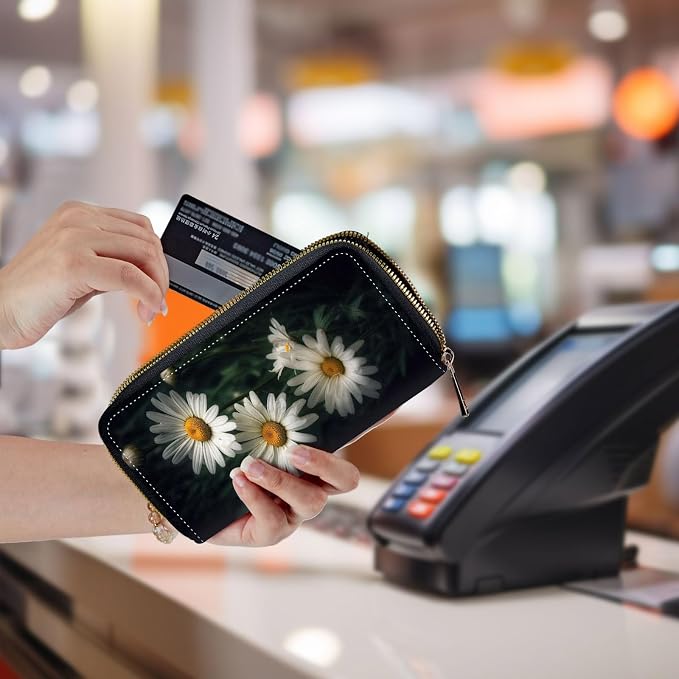Wallet,Leather Long Wallet Suitable For Ladies And Teenagers - Detachable Wristband + RFID Travel Wallet With Card Slot - White and Yellow Daisy Flowers