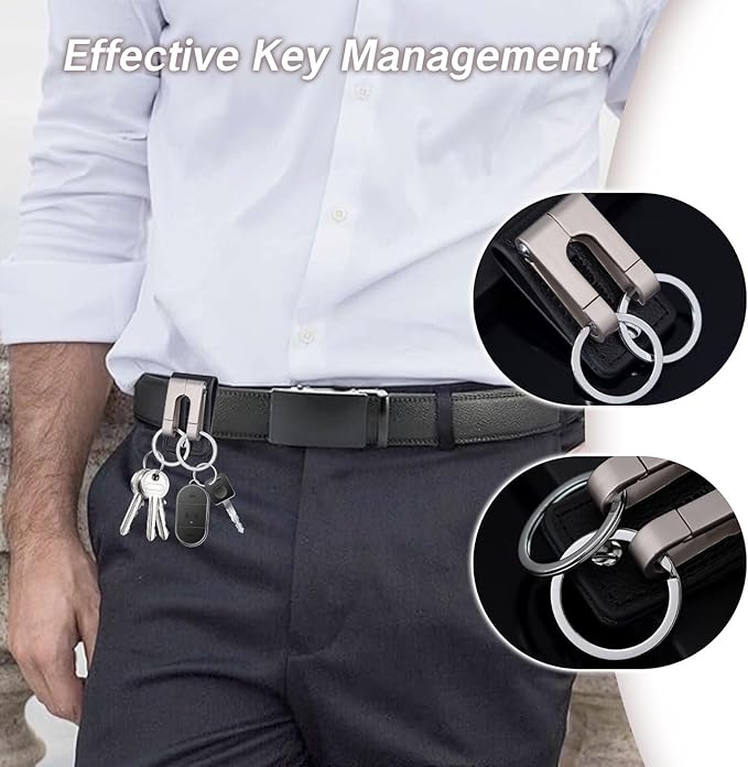 Belt Key Holder Clip for Pants Thin Duty Keychain Keeper with Leather Key Ring Secure Chain Key Hook for Keys Pocket and Belt Loop Durable Leather Keychain for Pants Men’s Key Organizer