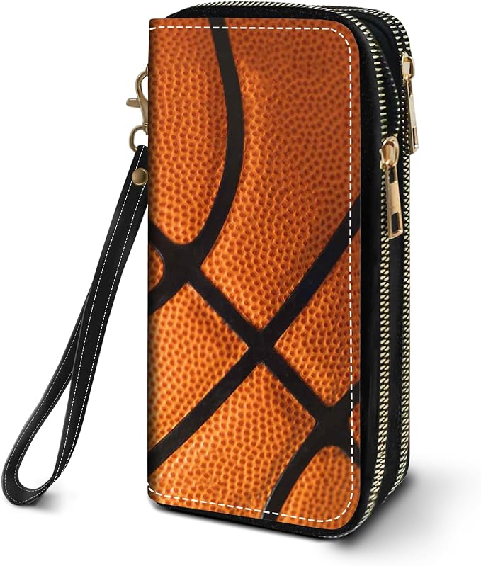 Women's Large Capacity Wallet PU Leather Double Zipper Clutch Purse Multifunctional Wallet with Removable Wristlet Strap for Smart Phone/Coin/Card/Cash, Basketball Surface