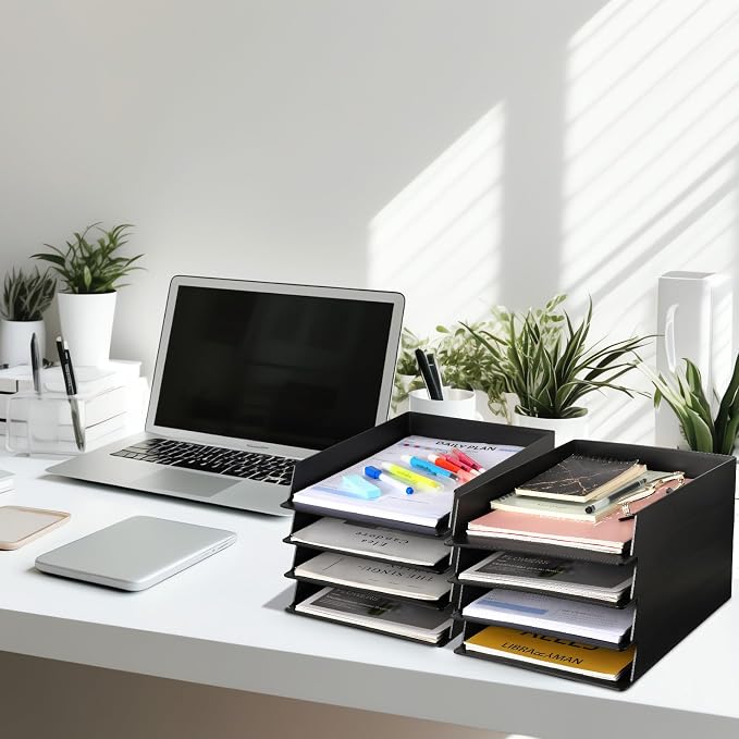 Wenqik 8 Pcs Stackable Paper Trays Rectangular Plastic Desk Holder Desktop Document File Organizer Storage Letter for Office Classroom (Black)
