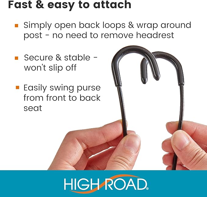 High Road Metal Car Hooks for Purses and Bags - Unbreakable Headrest Car Hooks for Large Purse Straps and Heavy Bags up to 40 lbs - Secure Attachment Loops Fit All Headrest Posts (Single Hook 4-Pack)