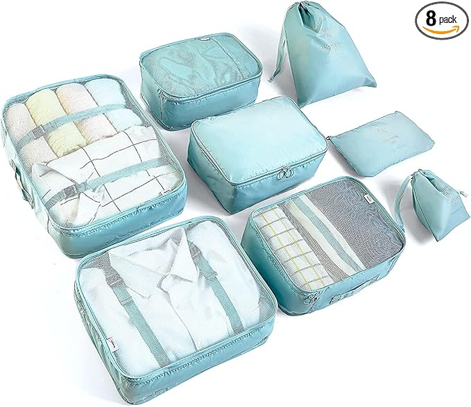 8 Set Packing Cubes for Suitcases Travel Luggage Packing Organizers,Travel Essentials Accessories Luggage Organizer with Shoe Bag Tioletry/Laundry Bag (light blue)