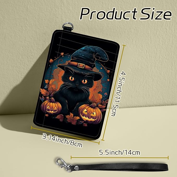 Small Travel Wallets, Black Cat Halloween Slim Minimalist Front Pocket Wallet with Wristlet, RFID Blocking PU Leather Credit Card Holder with ID Window Change Purse for Men Women