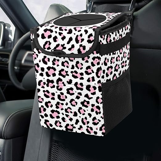 Car Trash Can Cheetah Pink Black Leopard Print Wate-rproof Auto Garbage Bag Car Trash Can with Lid Leak-Proof Car Storage Bag Hanging for Headrest Collapsible and Portable with Storage Mesh Pocket