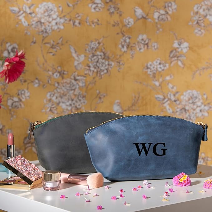 Premium Personalized Genuine Leather Cosmetic Makeup Bag - Wedding Gift for Bridesmaid, Travel Organizer Clutch for Women with Zipper Pouch for Toiletry Essentials (Navy Blue)
