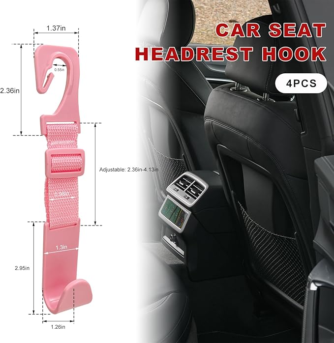 4PCS Car Seat Headrest Hook, Adjustable Vehicle Backseat Hanger Storage Organizer, Universal Seat Back Holder Hooks for Purse Coat Grocery Bag, Car Accessories (Pink)