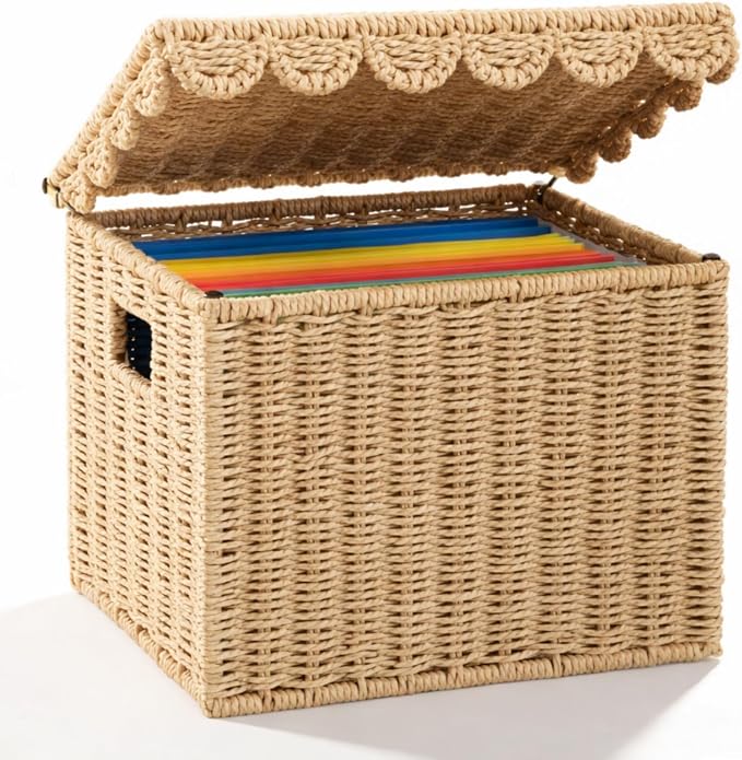 Jingmore Paper Rope File Storage Box with Scalloped Lid Collapsible Letter Size Hanging Filing Organizer Basket for Office/home, Woven Decorative Document Storage School Years Memory Box