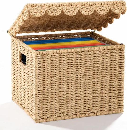Jingmore Paper Rope File Storage Box with Scalloped Lid Collapsible Letter Size Hanging Filing Organizer Basket for Office/home, Woven Decorative Document Storage School Years Memory Box