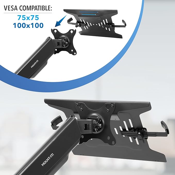 Mount-It! Laptop Desk Mount Arm with Gas Spring, Height Adjustable Laptop Stand for Desk, Fits Laptops up to 17 Inch, Full Motion Laptop Tray Mount with Clamp or Grommet Installation