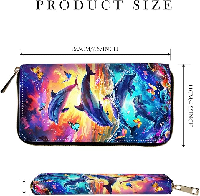 RFID-Blocking Zip Around Wallets for Women with Detachable Wrist Strap,Large Capacity Phone Holder with Card Organizer & Coin Pocket,Dolphins and Butterflies