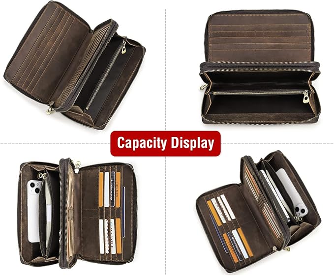 Top Grain Genuine Leather Clutch Wallet Bag with Hand Strap for Man & Woman, Handmade Minimalist Vintage Design, 2 Zip Pockets & Multi Slots, RFID Large Capacity for Cards/Phone/Check/Banknote, Coffee
