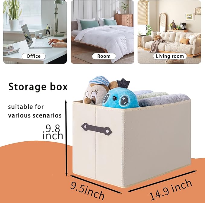 6 Pack Large Collapsible Storage Baskets for Shelves,14.9"x9.5" Fabric Closet storage Boxes with Leather Handles,Decorative Organizers Storage Bins for Clothes,Sheets,Toys,Books,Creamy-White