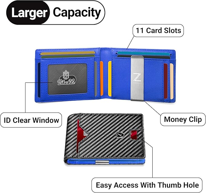 Zitahli Slim Wallet for Men with Money Clip, Minimalist Front Pocket RFID Blocking Leather Wallets Bifold Credit Card Holder, 11 Card Slots and ID Window with Gift Box