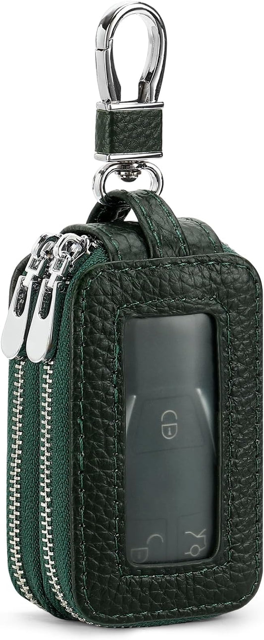 SENDEFN Car Key Fob Case Double Zipper Leather Smart Remote Keychain Protector Holder with Transparent Window