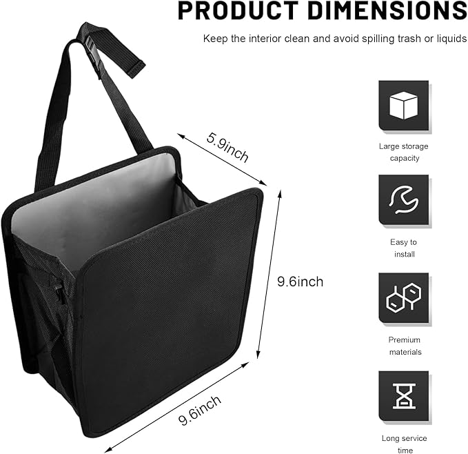 Sun Walker 2 Gallon Open-Top Car Trash Can, Waterproof Hanging Stand Trash Bag Back Seat Organizer with Adjustable Strap, Foldable Storage Container Garbage Bag for SUV Truck RV (Small)