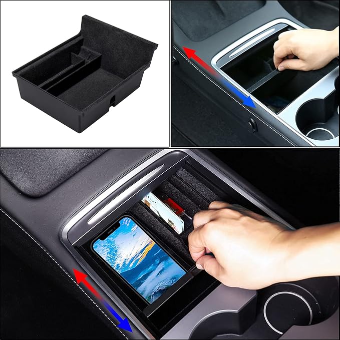 3PC Center Console Organizer Tray for 2021-2022 2023 Tesla Model 3 and 2021-2024 Model Y Flocked Armrest Drawer Storage Box Interior Accessories