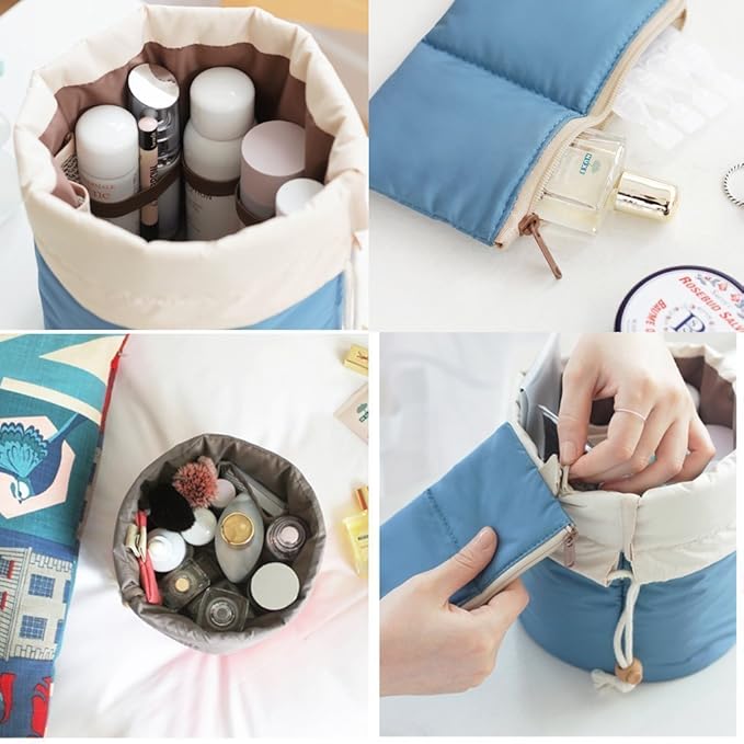 INVODA Cosmetic Bag for Women Barrel Shaped Travel Makeup Bags Large Capacity Soft Waterproof Portable Drawstring Cosmetic Bag Multifunctional Bucket Toiletry Bag (Blue)