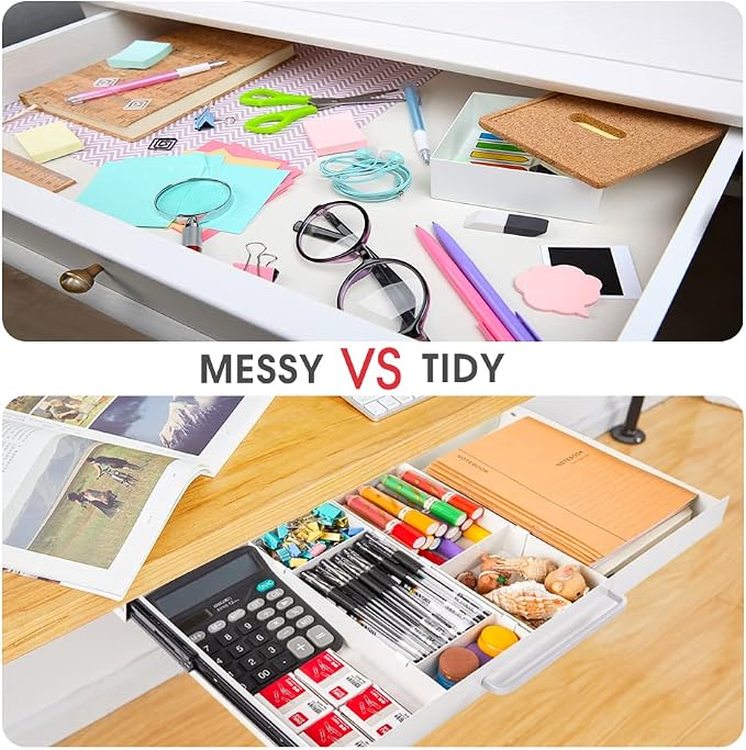 Large Size Under Desk Slide out Pencil Drawer White with Adjustable Space Divider Design for Storing Pencil and Office Accessories, Underdesk Pull out Tray Organizer Mounted for Sit Stand Workstation