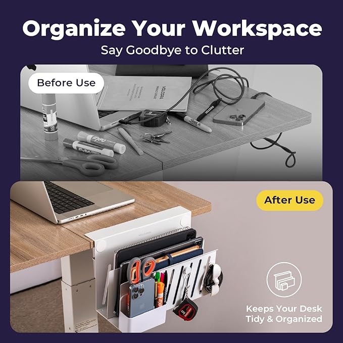 Volcora Side Storage Under Laptop Holder, No Drill Organizer With Magnetic Pen Box, Cable Clamp, Hanging Mount File Holder for Office and Home, 2 Tier White