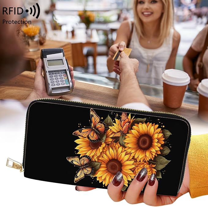 Womens Wallet,RFID Blocking Large Capacity Clutch,Zip Around Leather Purse with 8 Card Slots,Bill Compartments Coin Pocket - Sunflowers Butterfly