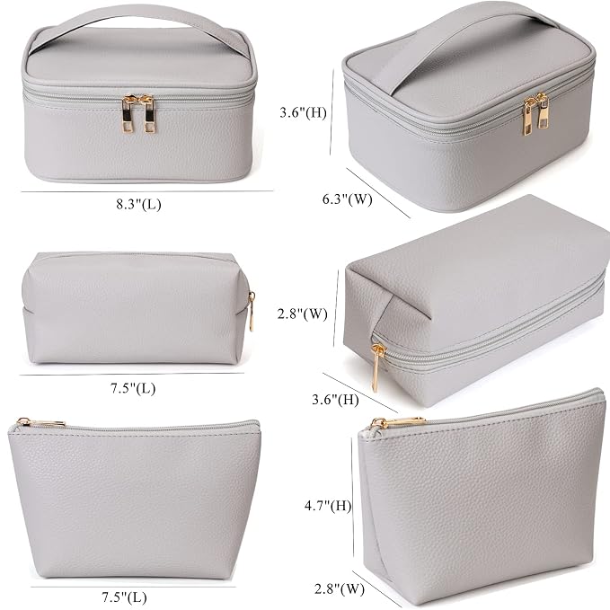 FITINI Makeup Bag Travel Large Toiletry Bag 3 Pack Portable Cosmetic Organizer Pouch with Small Brush Storage Case Gold Zipper Waterproof for Women and Girls,Gray