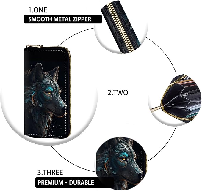 Women's RFID Blocking Zip Around Wallet with Detachable Wrist Strap, Large Capacity Credit Card Holder Organizer for Everyday Use,Cool Wolf