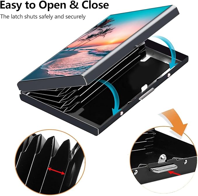 Credit Card Holder Sunset Beach Palm Tree Design Mini RFID Blocking Aluminum Wallet Slim Metal Hard Cover Shell Travel Wallet ID Cases Small Credit Cards Case Business Cards for Women Men Girls