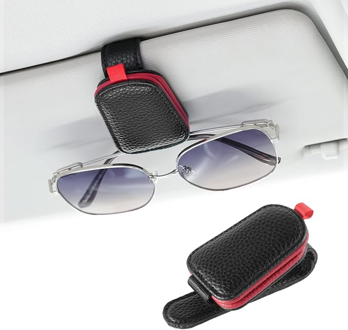 JUSTTOP 1Pack Sunglass Holder for Car, Magnetic Leather Buckle Sun Visor Sunglass Clip, Ticket Card Clip Sunglasses Mount, Car Interior Accessories for Men and Women (Black-Red)