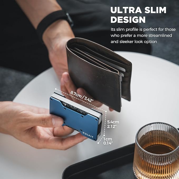 VULKIT Men's Metal Wallet with Money Clip Slim Credit Card Holder, Minimalist Business Card Case Front Pocket Wallet for Men(Blue)