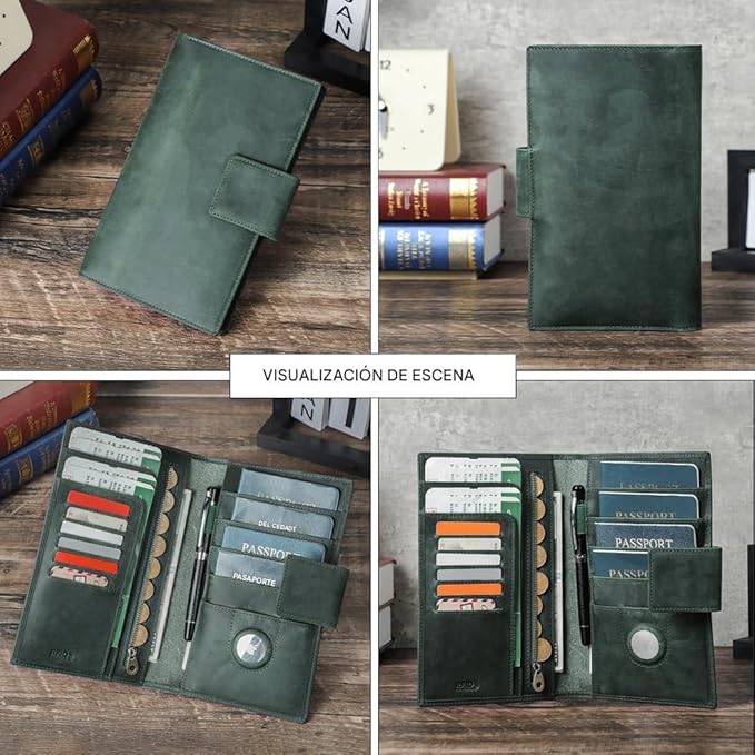 CONTACTS Full Grain Leather RFID Blocking Family Passport Holder for 4 Passport Wallet Compatible with Airtag Travel Passport Cover with 4 Passport Slot, 6 Card Slot (Green)