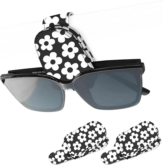 2 Pack Magnetic Leather Sunglass Holder, Universal Magnetic Car Eyeglass Hanger Clip for Different Size Eyeglasses, Car Visor Accessories (Black White Floral)