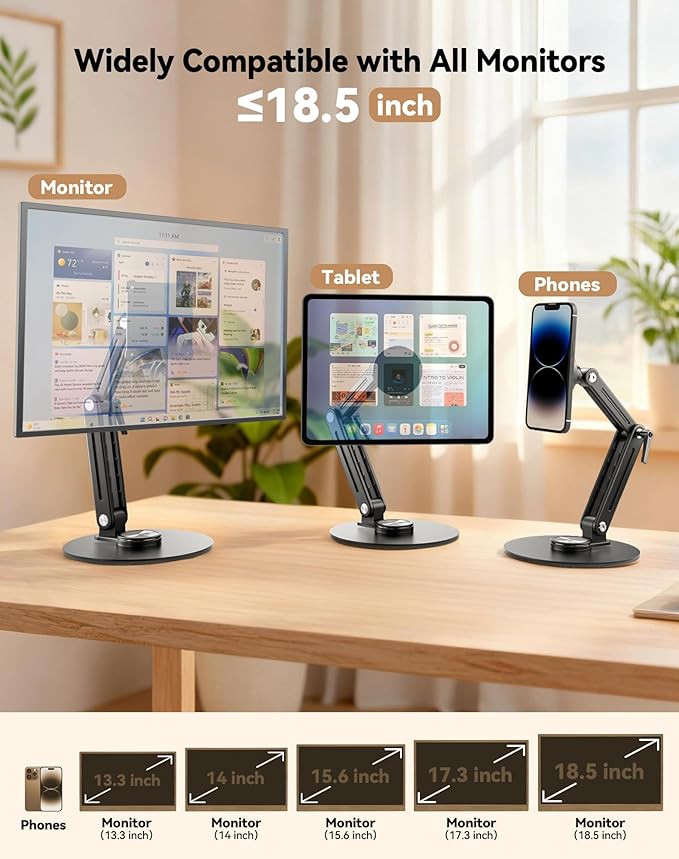 Jakeko Magnetic Portable Monitor Stand 15.6" - up to 16" 18.5 inch Tablet Holder for iPad VESA Mount 75mm for Desk Adjustable Foldable 360° Swivel (Up to 18.5'')
