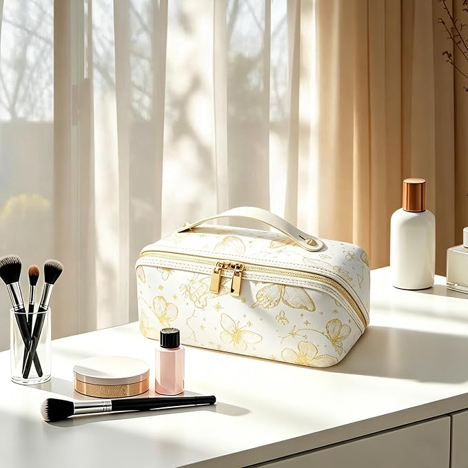 Travel Makeup Bag with Compartments & Organizers – Flat Open Cosmetic Pouch for Women, Purse-Style Design for Traveling, Perfect for Toiletries & Cosmetics for Women(Beige)