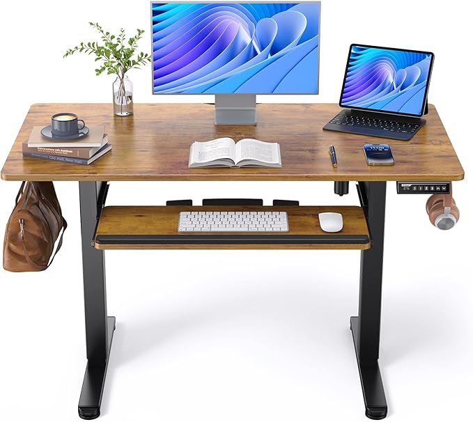ErGear Electric Standing Desk with Full Size Keyboard Tray, Adjustable Height Sit Stand Up Desk, Home Office Desk Computer Workstation, 48x24 Inches, Vintage Brown
