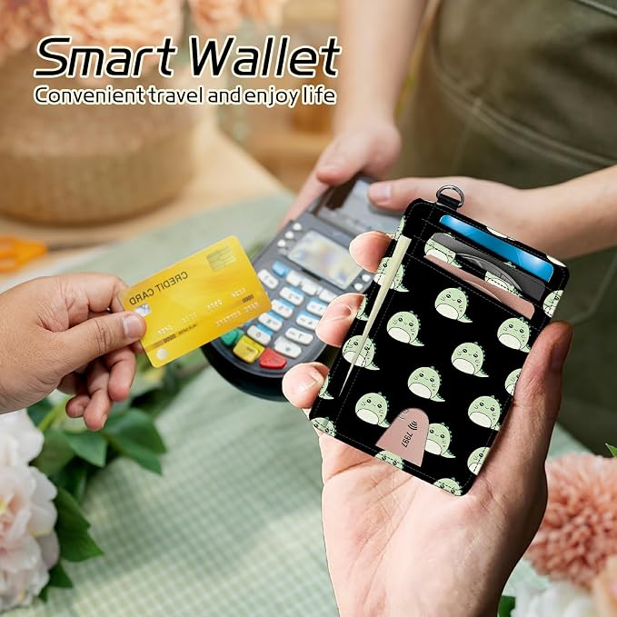 Small Travel Wallets, Cute Dinosaurs Slim Minimalist Front Pocket Wallet with Wristlet, RFID Blocking PU Leather Credit Card Holder with ID Window Change Purse for Men Women
