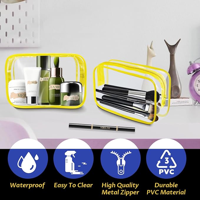 YedsIntu 16 Pieces Clear Makeup Bag PVC Zippered Clear Toiletry Carry Pouch Portable Cosmetics Bag Waterproof Makeup Bag Vinyl Plastic Organizer Case for Travel Vacation Bathroom (Yellow-M)