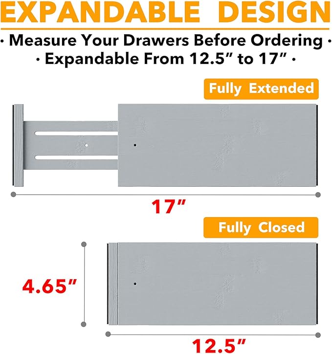 SpaceAid Bamboo 4 Pack Dresser Drawer Dividers, 4.65??High Adjustable 12.5??17??Drawer Organizers, Expandable Organization for Clothing, Clothes, Dressers, Gray